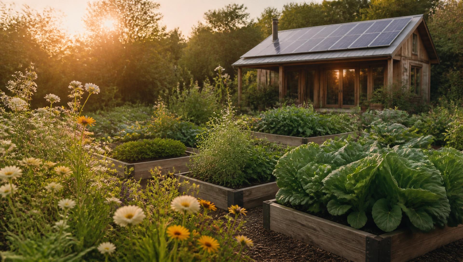 A sunlit sustainable garden with raised beds, wildflowers, and a solar-powered cabin